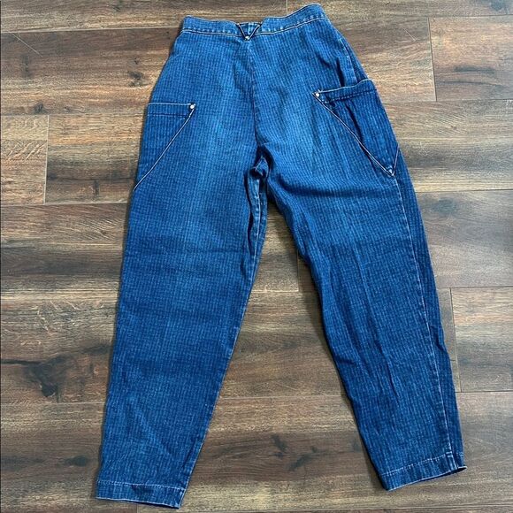 Vintage Levis Junior Size 9 Pin-Striped Blue Denim Jeans Pleated High Rise 24 - Picture 6 of 13